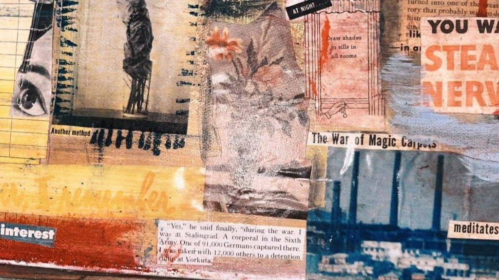Mixed-media collage with Stalingrad Sixth Army fragment and industrial chimneys