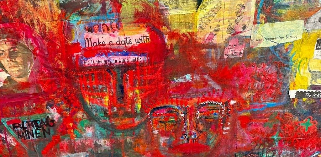 Red mixed-media collage with archival faces and the phrase this is the way to win a battle