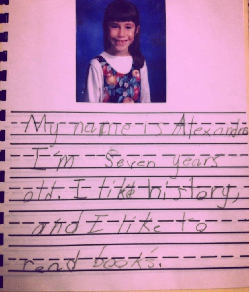 Childhood notebook page: My name is Alexandra. I like history, and I like to read books.